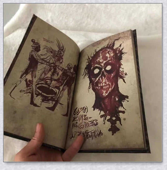 A haunting Necronomicon book with an embossed monster cover, aged pages, and a leathery, deathly texture