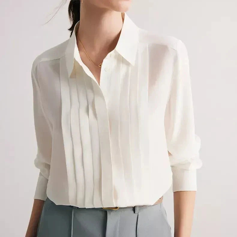 Elegant white mulberry silk office blouse with classic turn-down collar and straight, regular fit for a flattering silhouette