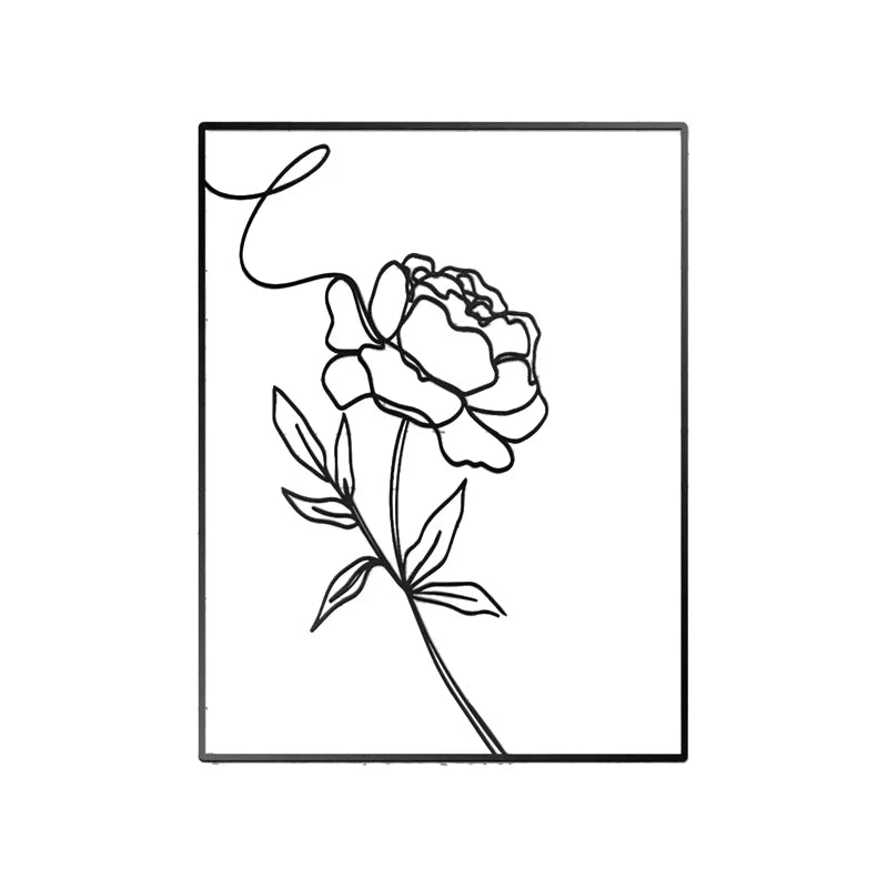 Abstract minimalist rose flower iron wall decor in black, featuring a sleek metal frame and elegant line painting