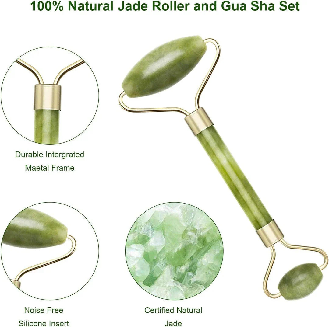 Double-Headed Jade Roller and Guasha Massage Set for Face and Body - Natural Stone Massager