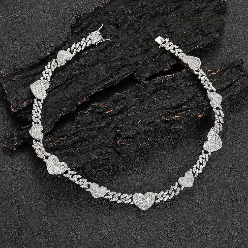 Platinum Cuban Link Chain Necklace with Zircon Mosaic Inlay, Offering Sophisticated Style and Lasting Durability