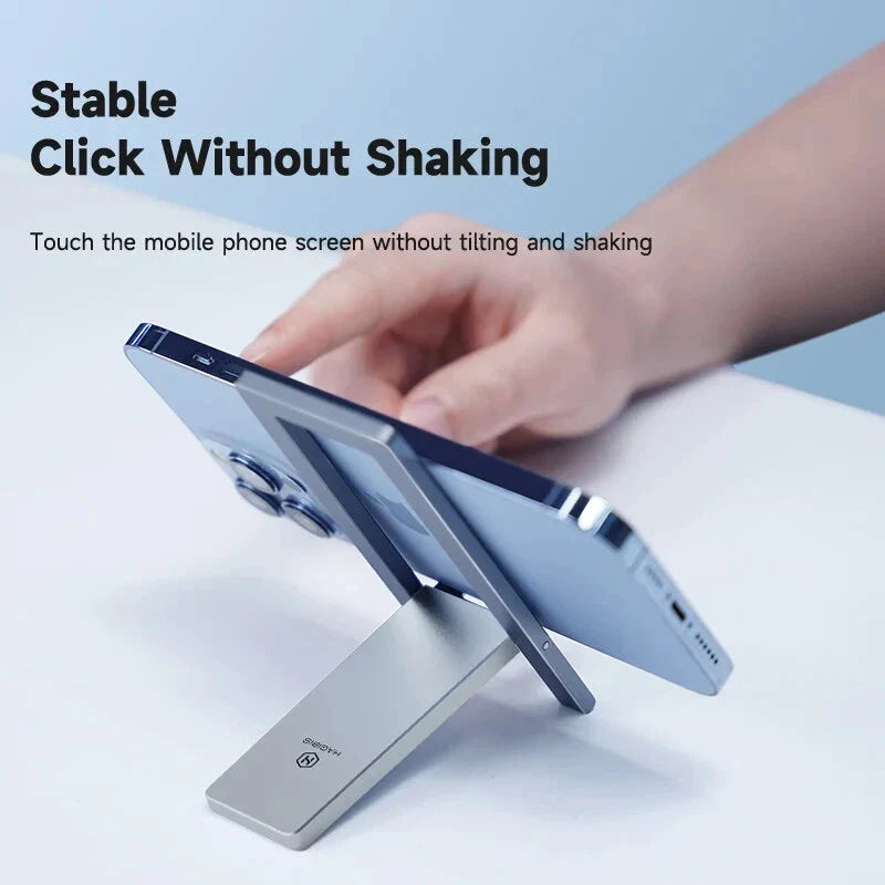 Adjustable metal phone stand in grey colour, foldable and portable for smartphones