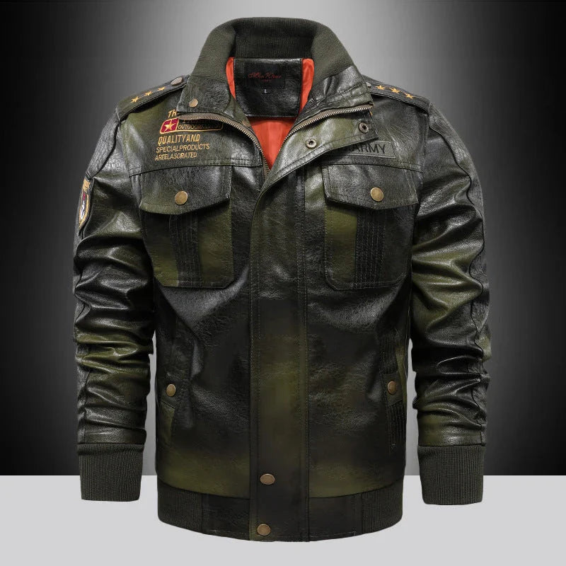 A stylish men's leather jacket with a stand collar, slim fit, and short length, offering premium quality and versatile wear.