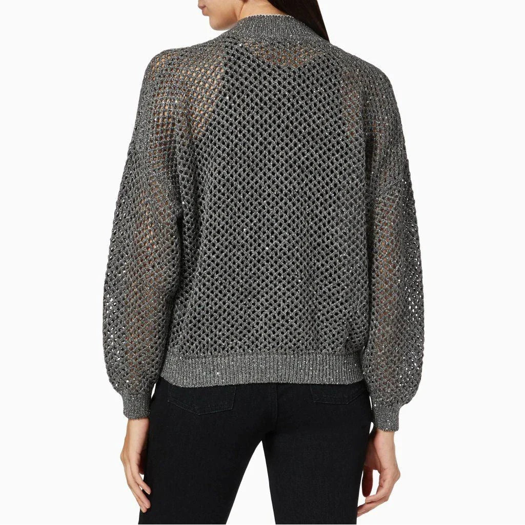 Elegant sequin-embellished linen blend knit top in dark grey colour, available in small, medium and large sizes