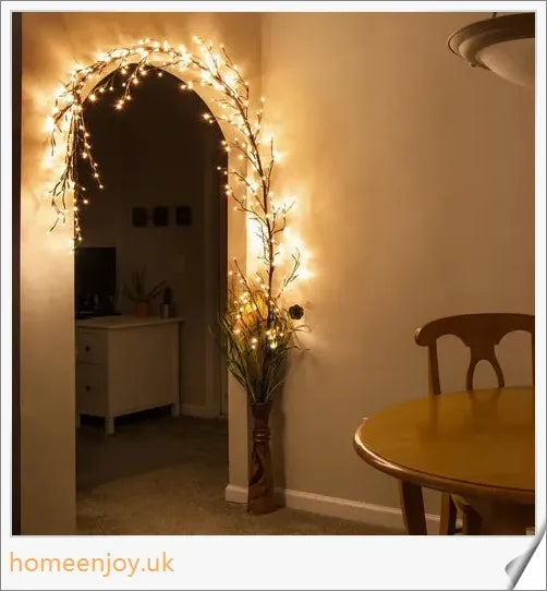Enchanting willow vine with warm white LED lights, creating a serene and cozy ambience in a living room