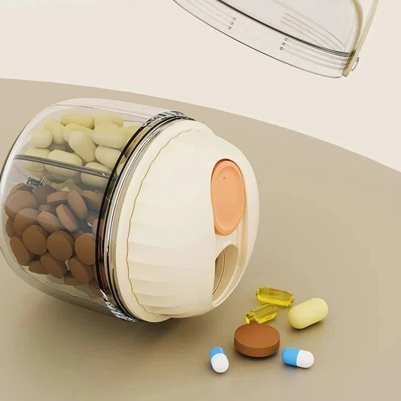 Compact and waterproof pill organiser with transparent body and spiral sliding cover for organised medication storage during travel