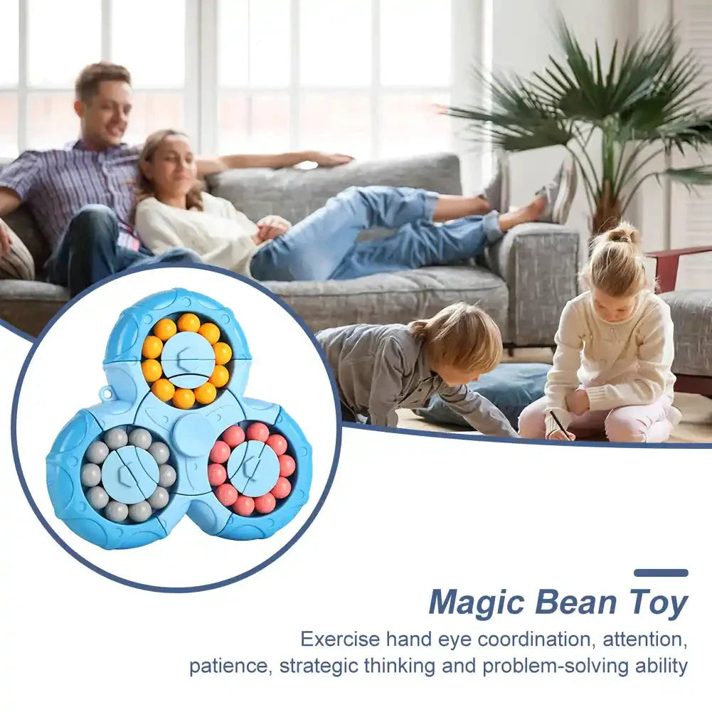 A vibrant, colourful fingertip puzzle cube with a unique rotating mechanism designed to challenge the mind and relieve stress.