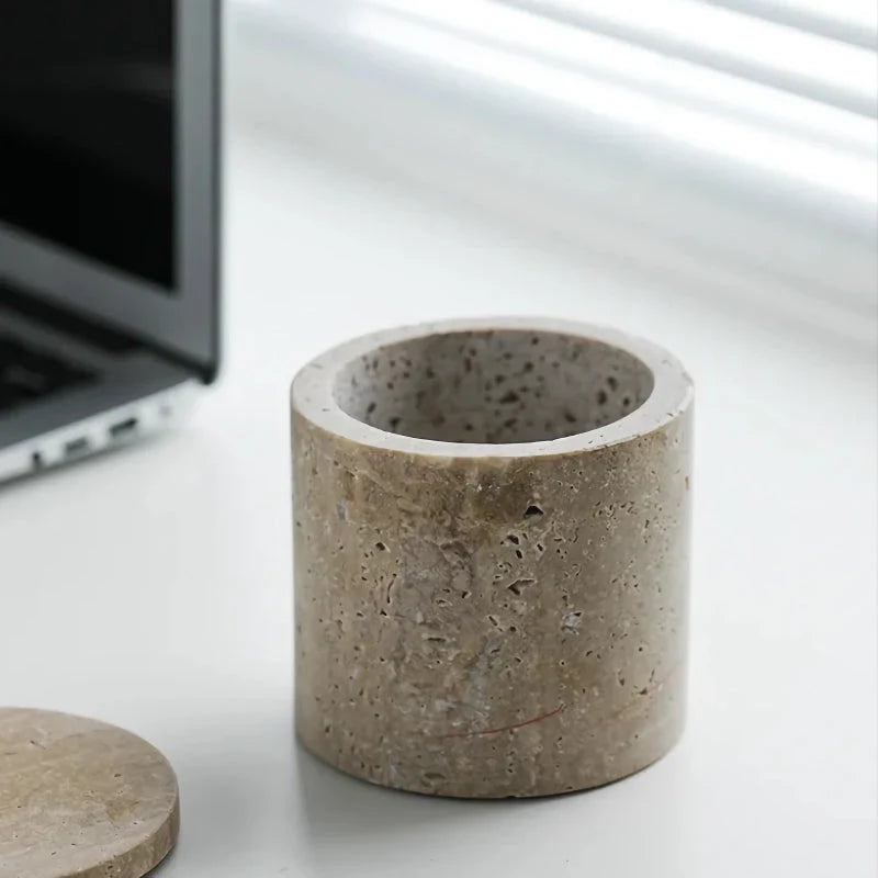 Elegant beige travertine stone storage container with Scandinavian-inspired design, suitable for kitchen, bathroom, and bedroom