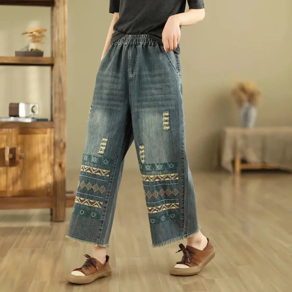 Boho Chic Wide-Leg Jeans with Intricate Vintage Embroidery and Distressed Finish
