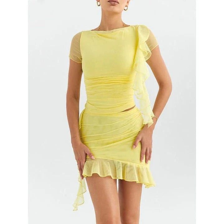 Elegant ruffle two-piece crop top and mini skirt set in yellow colour