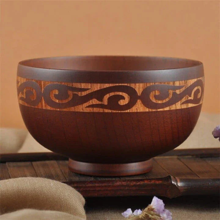 Elegant Mongolian-style wooden serving bowl with a smooth, natural grain and subtly curved silhouette