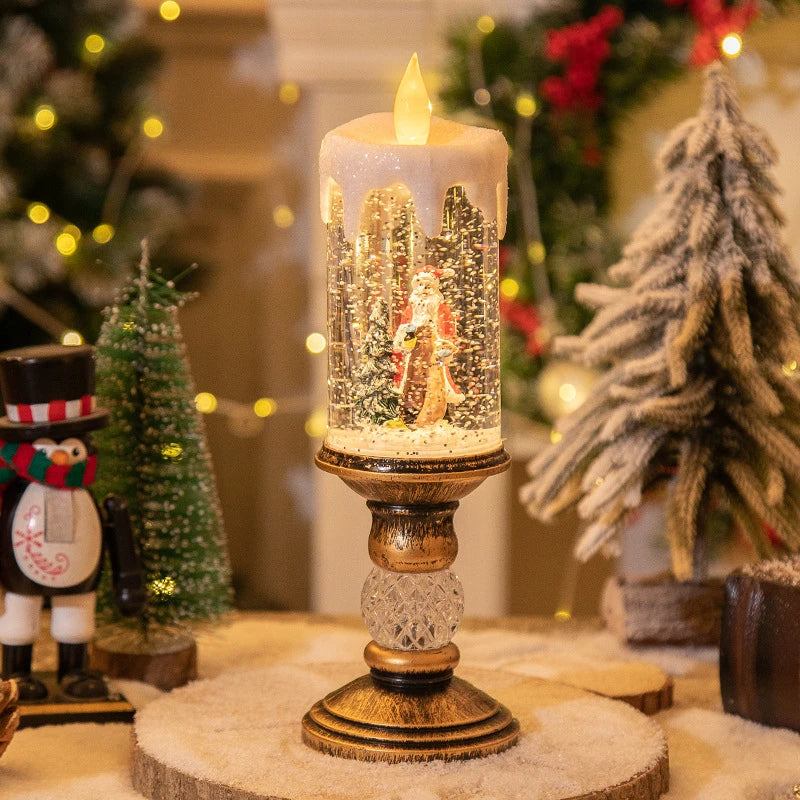 Charming Christmas candle scene layout with festive old man figure, panda pillow, and snowman candle