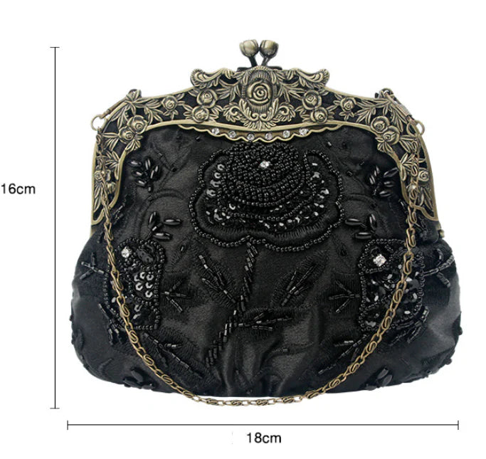 A black cosmetic bag with exquisite bead embroidery, featuring a silk surface and nylon fabric texture for a luxurious feel.