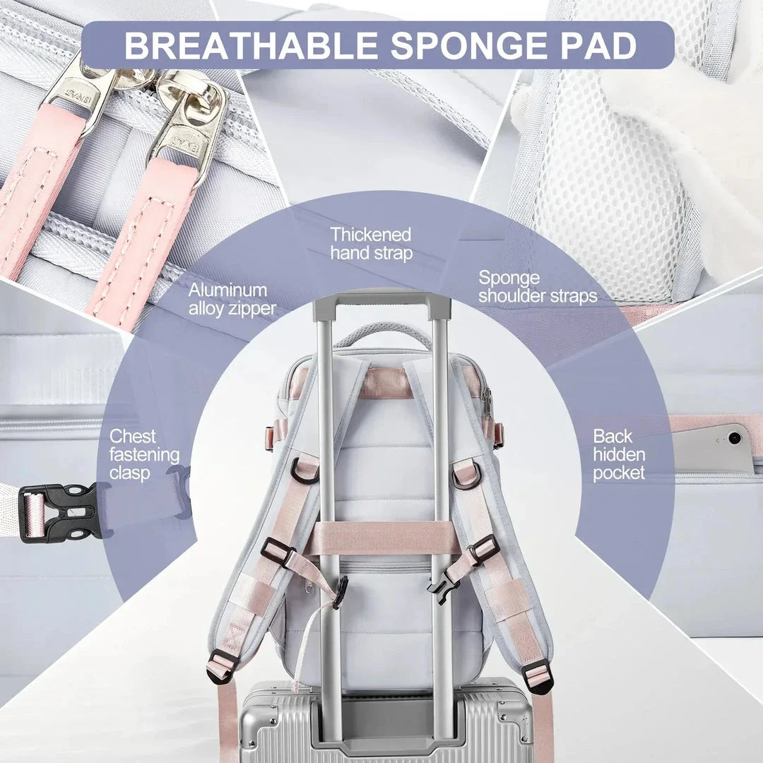 Compact and versatile women's travel backpack with airline-approved dimensions, convertible design, and secure storage for electronics