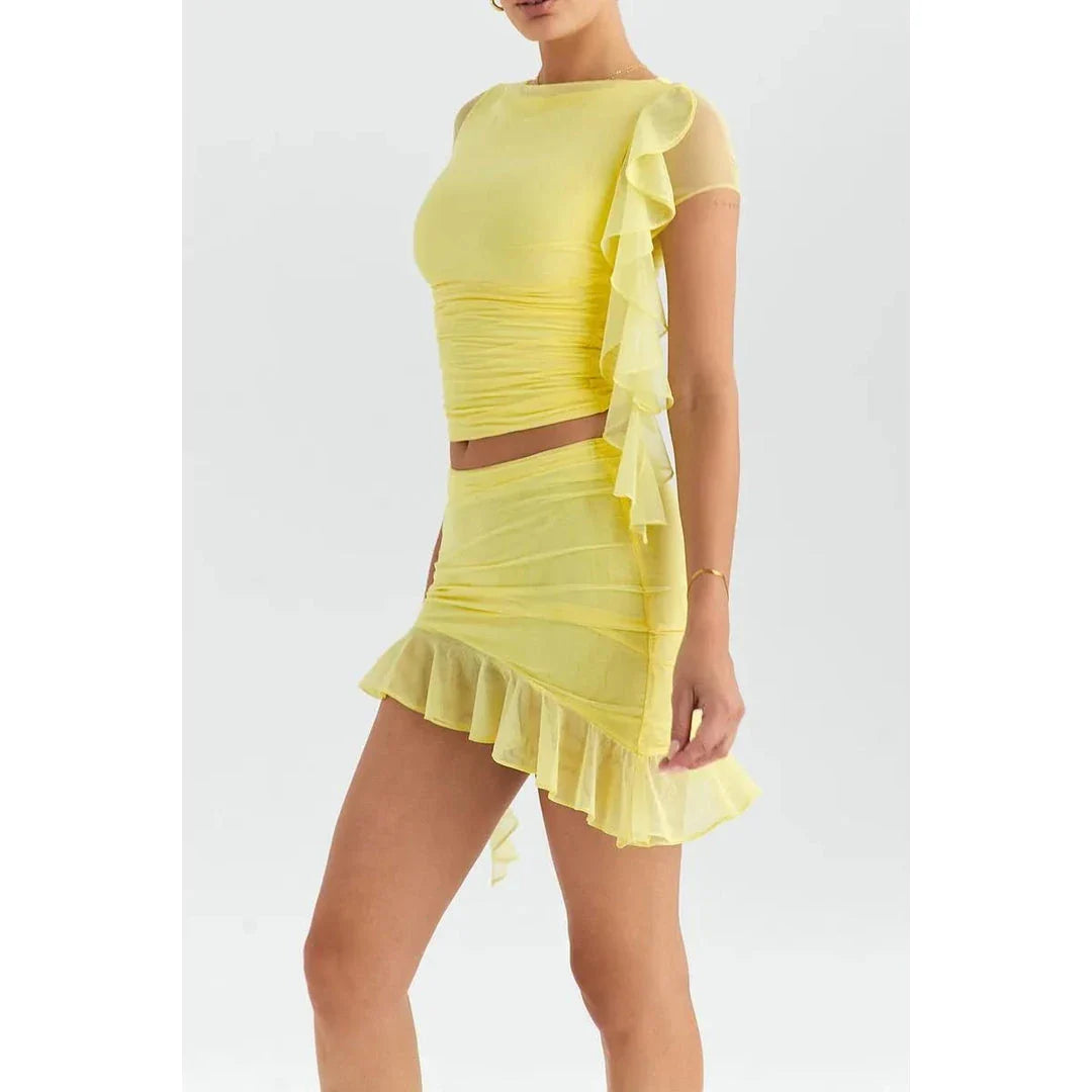 Elegant ruffle two-piece crop top and mini skirt set in yellow colour