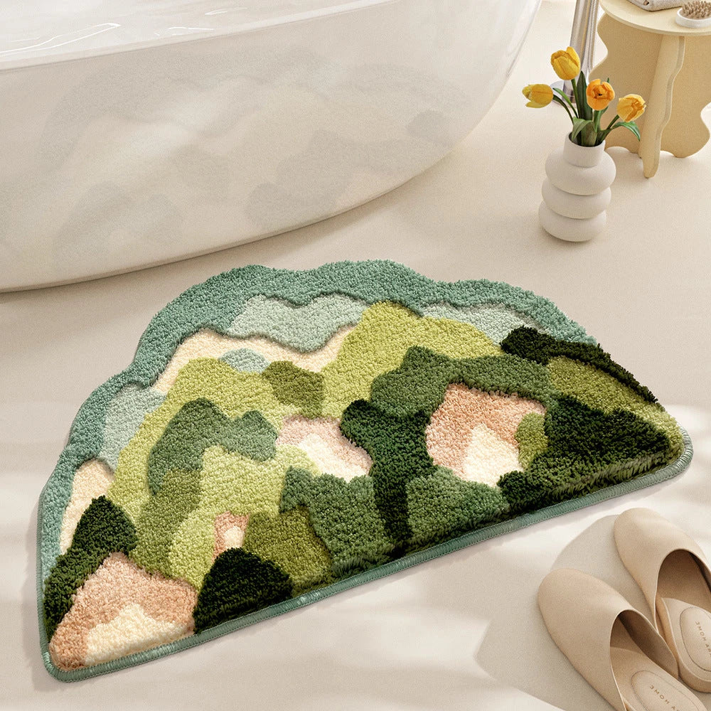 Elegant irregular-shaped Mountain Forest Flocked Carpet with a Kilim-inspired plant pattern, made from soft and durable 100% polyester material.