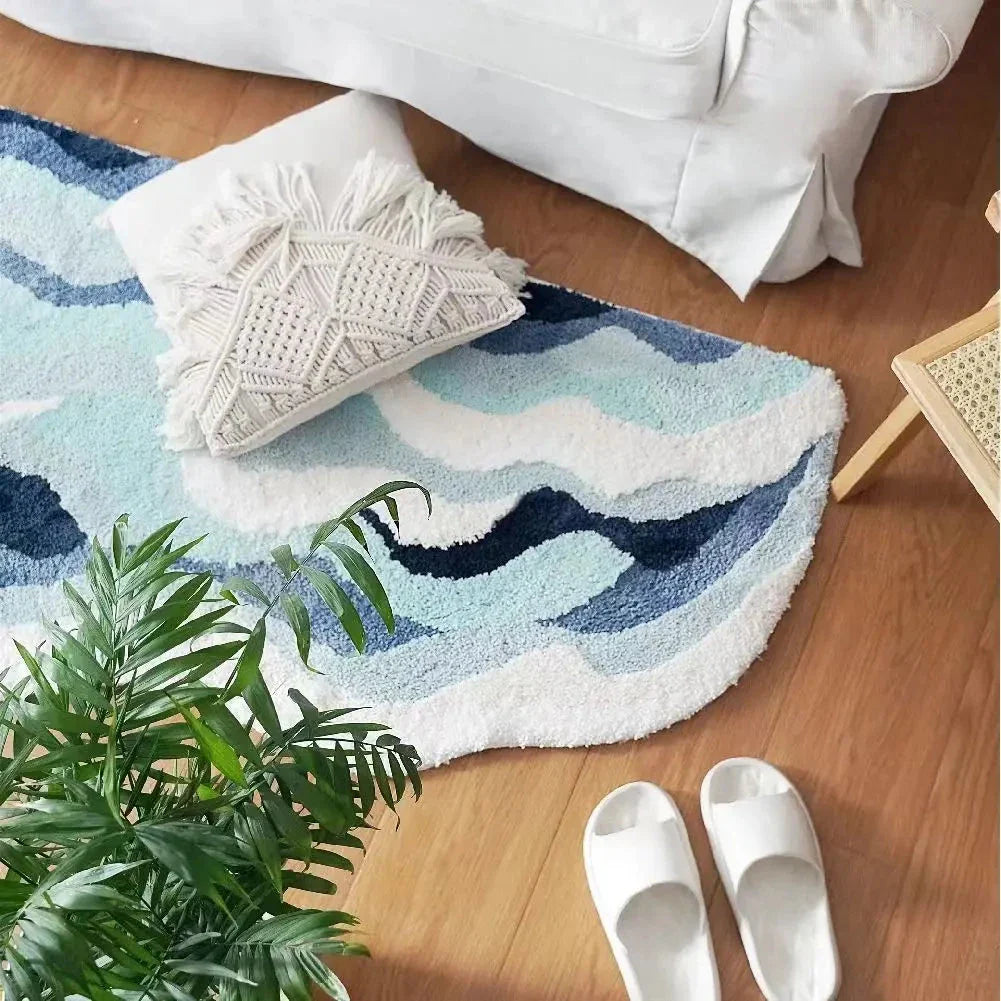 Charming blue waves pattern kids non-slip bedroom rug with soft, cushioned surface and anti-slip backing