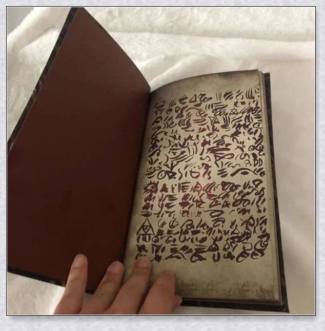 A haunting Necronomicon book with an embossed monster cover, aged pages, and a leathery, deathly texture