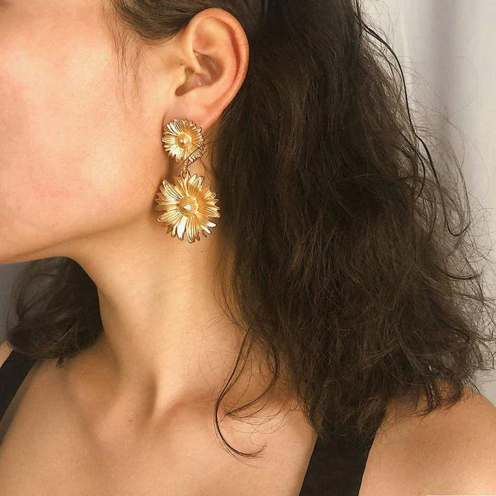 Golden Chrysanthemum Flower Drop Earrings for Women - Elegant Party Dangle Jewellery