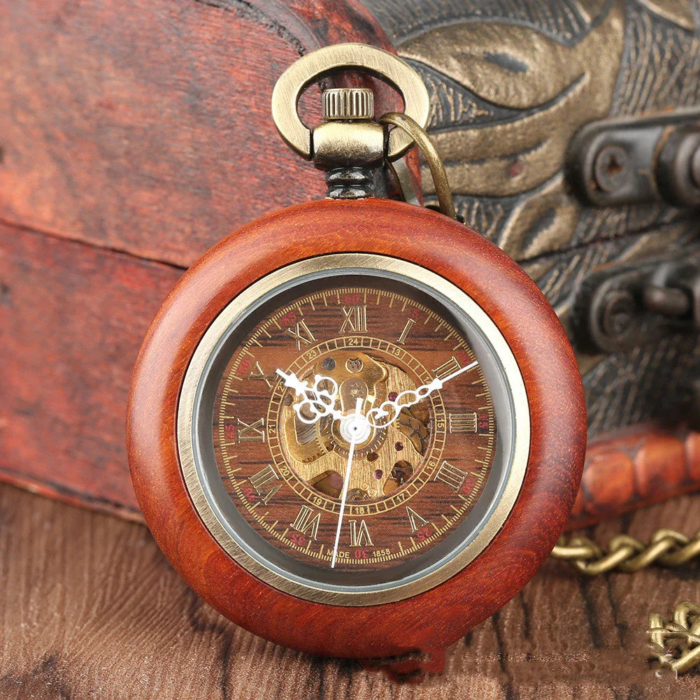 Elegant mahogany textured dial automatic mechanical wooden pocket watch with golden Roman numerals