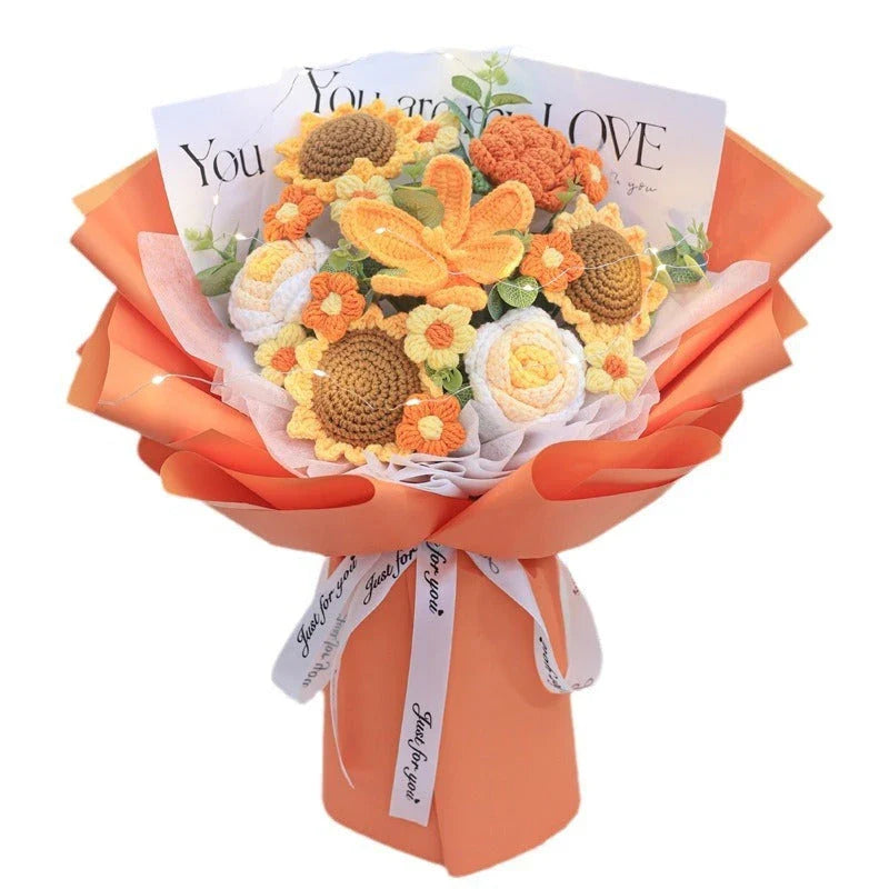 Beautifully crafted knitted bouquet with vibrant sunflowers, featuring a warm LED lighting system for a captivating display
