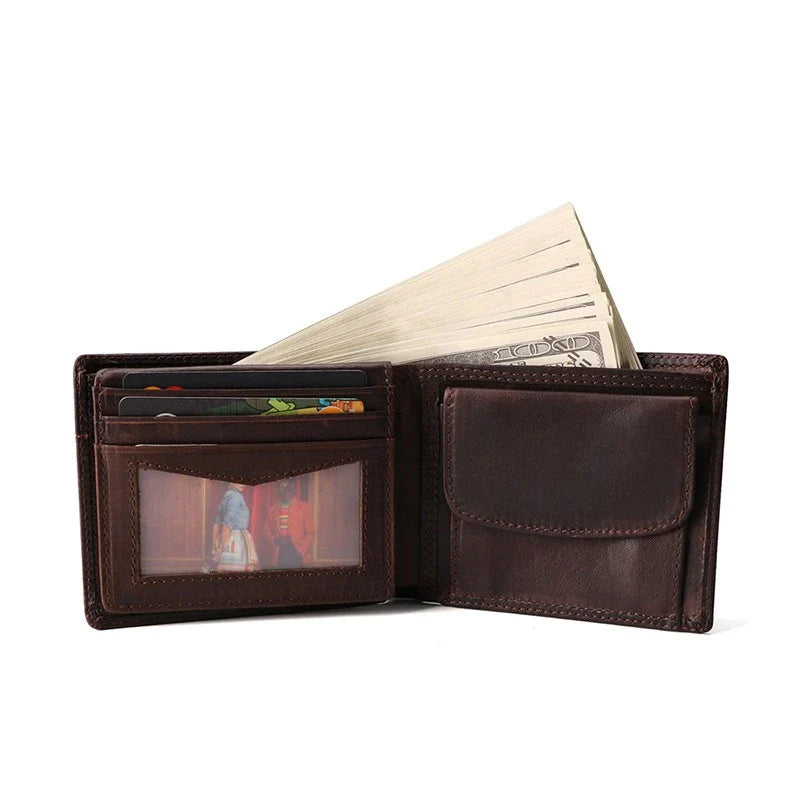 Premium cowhide leather clutch wallet with multiple card slots and compartments for organised storage
