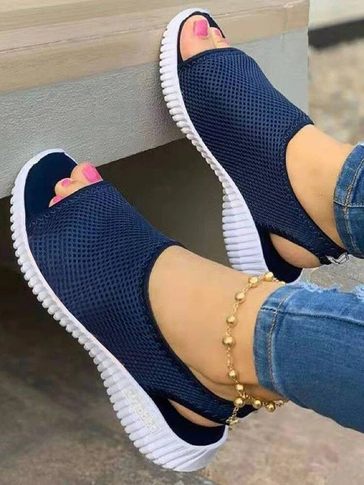 Pair of New Style Thick Bottom Mesh Fish Mouth Sports Sandals with breathable mesh upper and rubber soles