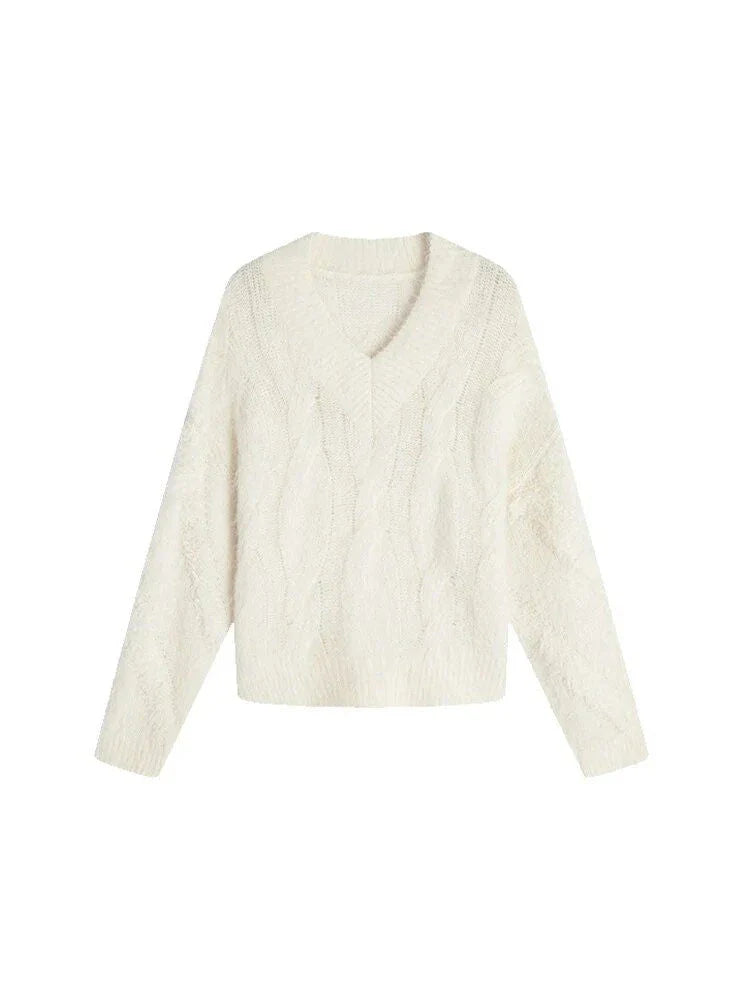 Cosy V-Neck Alpaca Blend Jumper in Cream White, featuring a relaxed fit and chic V-neck design for everyday comfort and style.