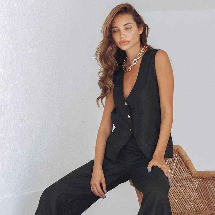 Elegant 2-piece cotton linen vest outfit with high waist wide leg trousers for modern professional women
