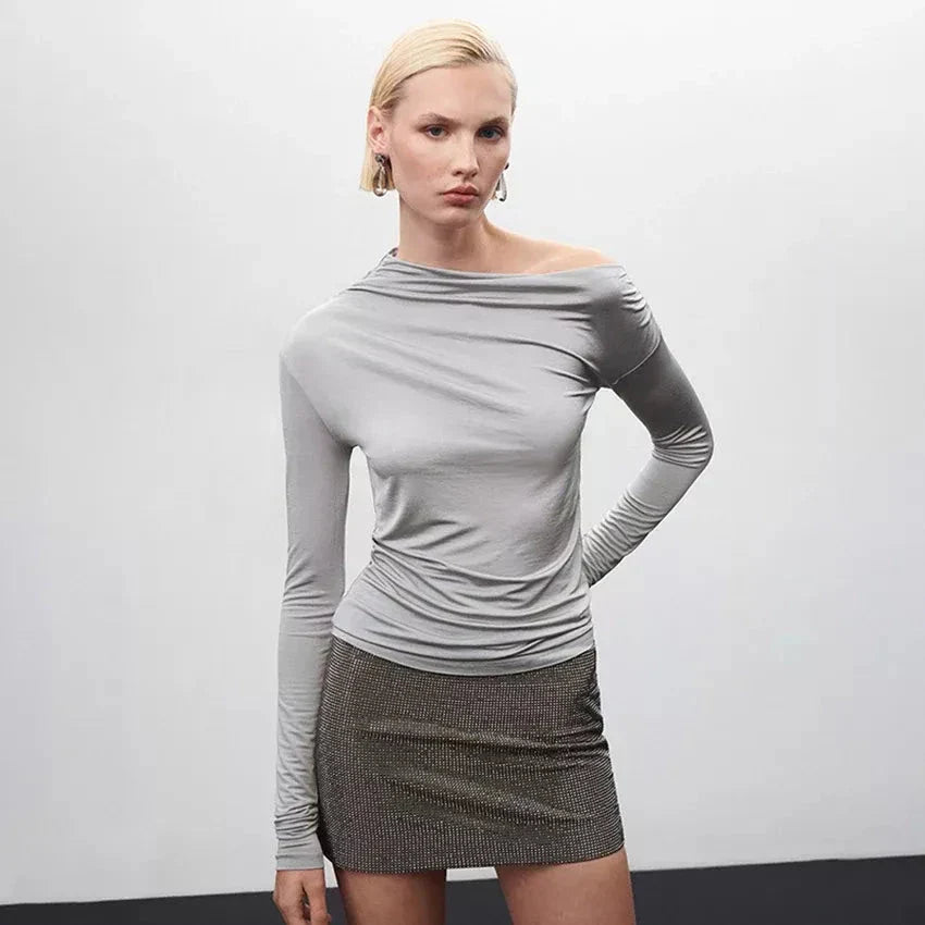 Elegant grey asymmetric collar ruched top for modern British women