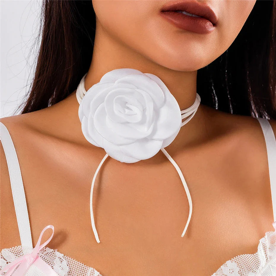 Elegant rose flower satin rope choker necklace with adjustable bowknot closure