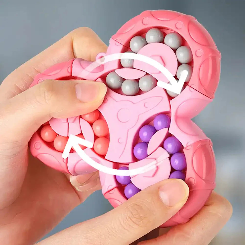 A vibrant, colourful fingertip puzzle cube with a unique rotating mechanism designed to challenge the mind and relieve stress.