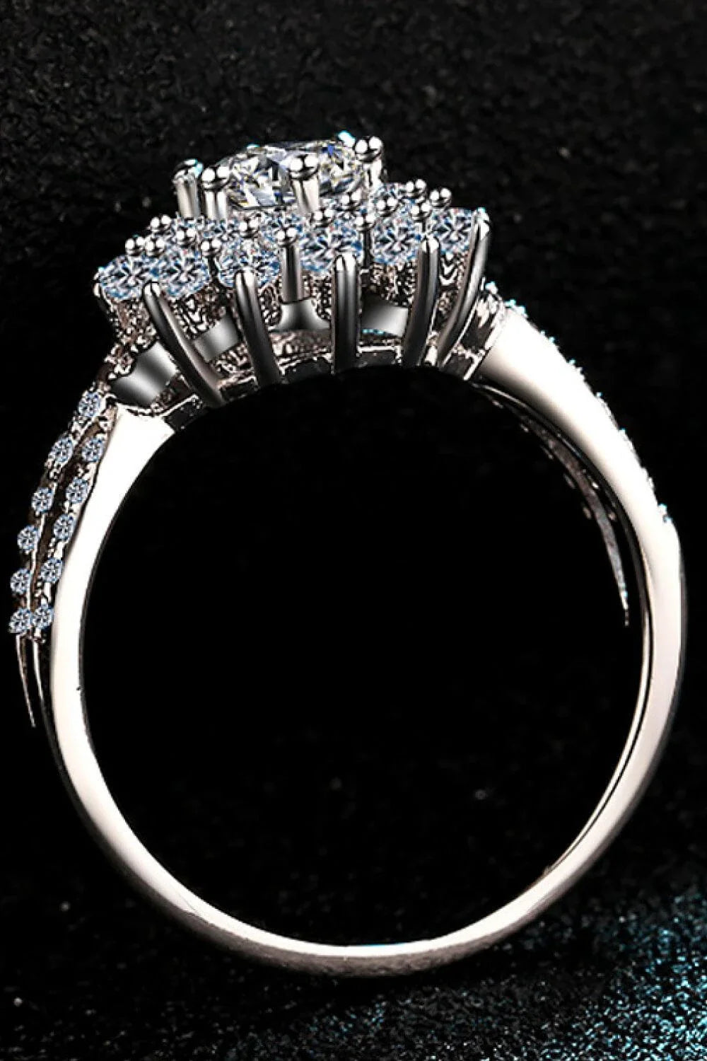 Elegant moissanite flower-inspired split-shank ring in sterling silver and platinum plating