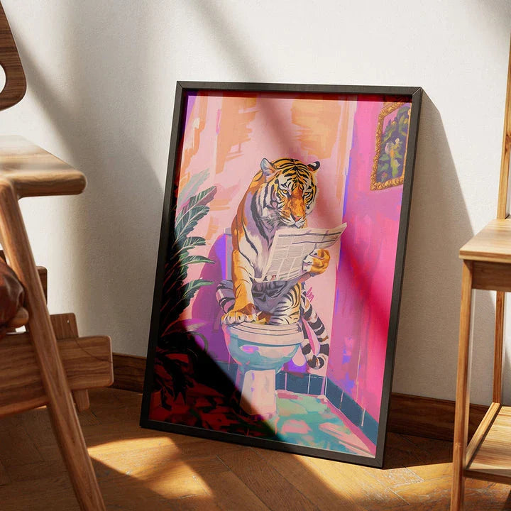 Funny Jungle Animal Tiger in a Bathroom Canvas Print, a modern Nordic art piece featuring a cheeky tiger in a bathroom setting
