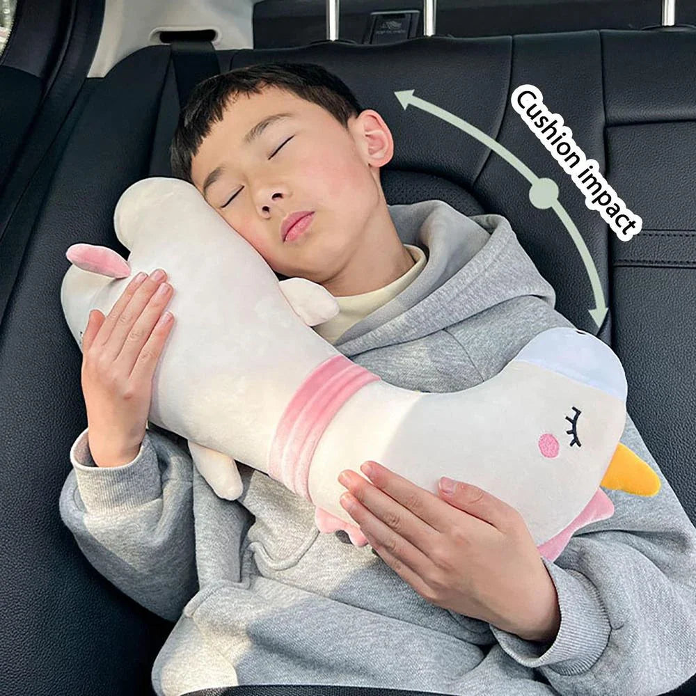 Comfortable car seat belt cushion pads with soft, breathable polyester fabric and plush PP cotton filling in fun cartoon designs including a giant goose, pink dinosaur, long-necked green dragon, and yellow giraffe