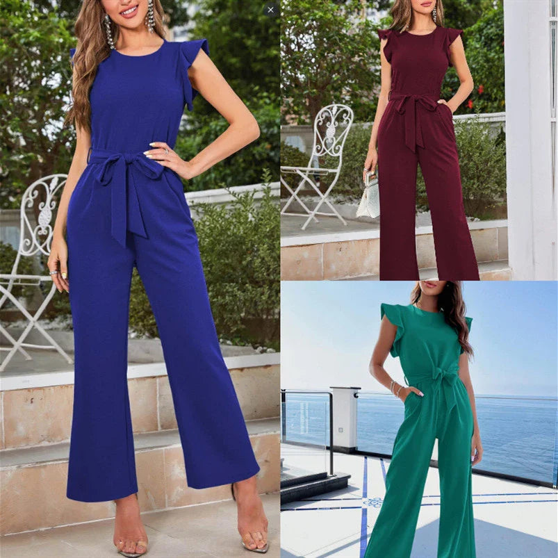 Elegant ruffled wide-leg jumpsuit in black, pink, and blue colours for stylish women