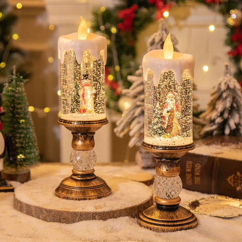 Charming Christmas candle scene layout with festive old man figure, panda pillow, and snowman candle