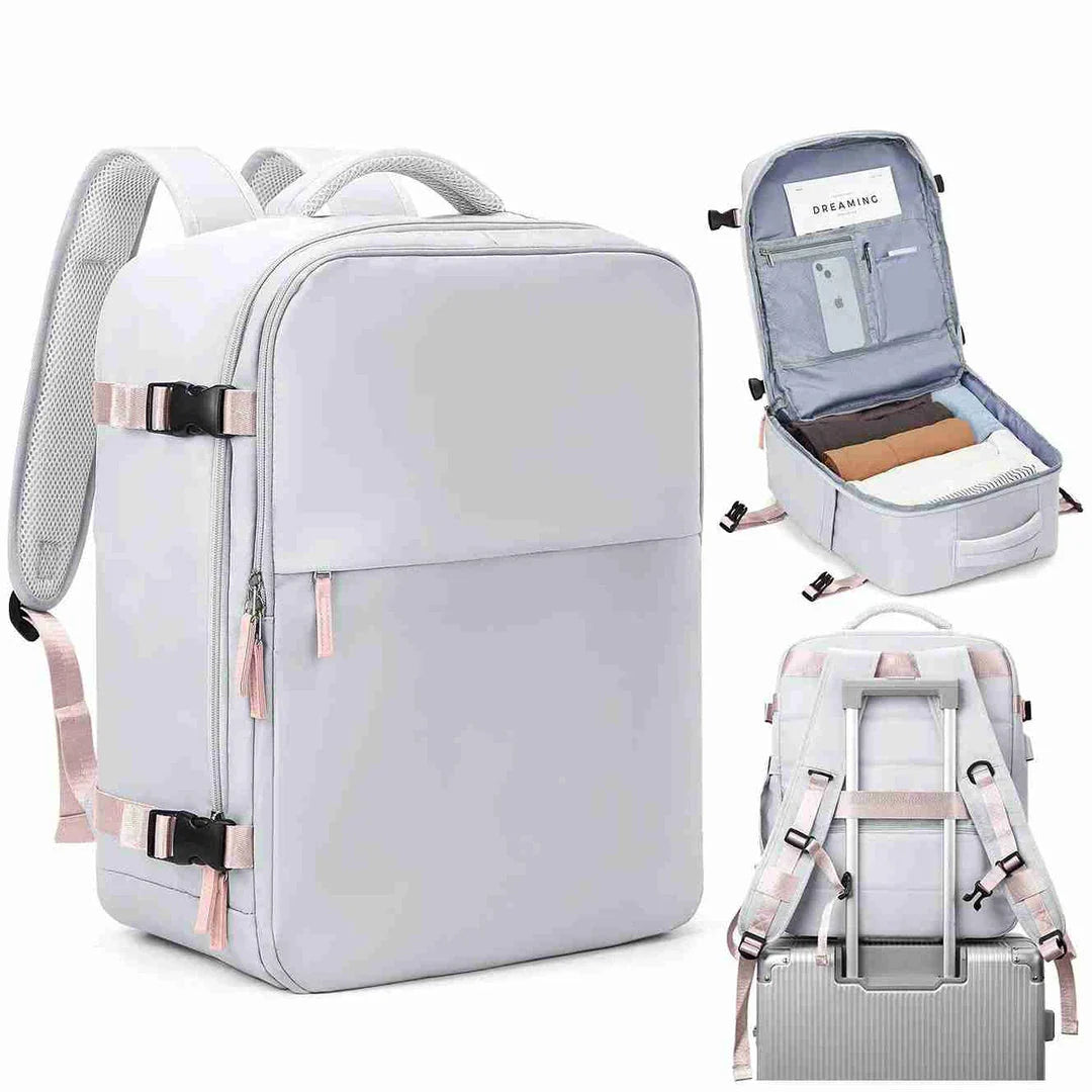 Compact and versatile women's travel backpack with airline-approved dimensions, convertible design, and secure storage for electronics