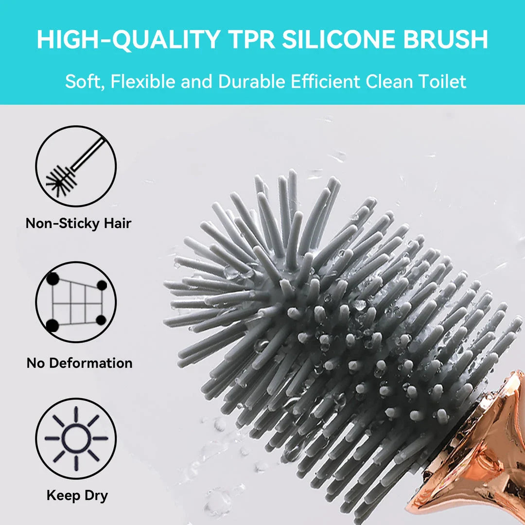 Elegant silicone toilet brush and holder set in black and white with rose gold accents, designed for modern bathroom cleaning