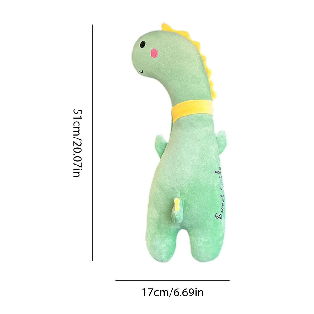Comfortable car seat belt cushion pads with soft, breathable polyester fabric and plush PP cotton filling in fun cartoon designs including a giant goose, pink dinosaur, long-necked green dragon, and yellow giraffe