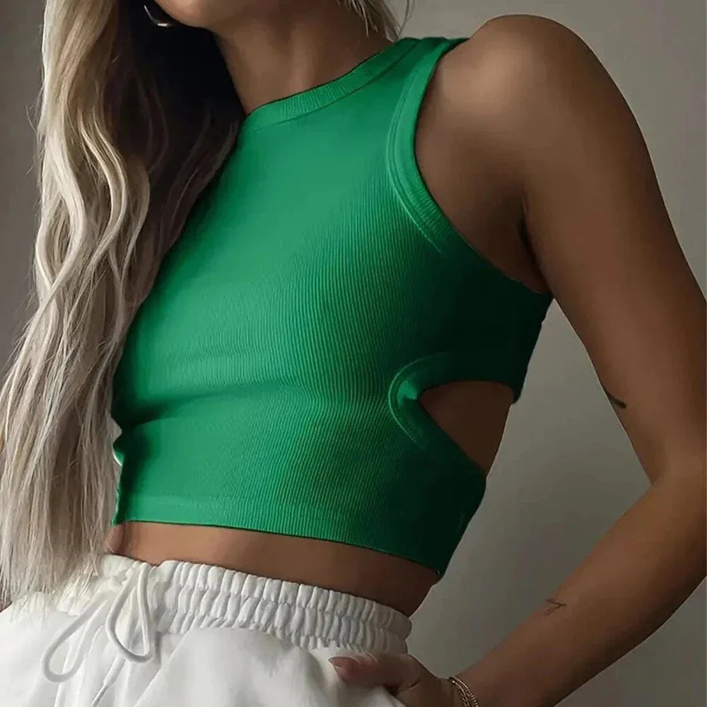 A chic and stylish ribbed knit Y2K tank top in a classic green colour, designed for the fashion-conscious British consumer.
