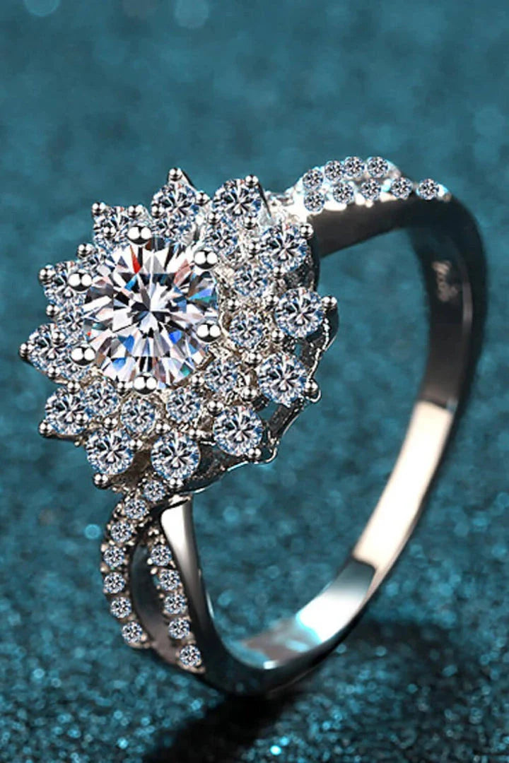 Elegant moissanite flower-inspired split-shank ring in sterling silver and platinum plating