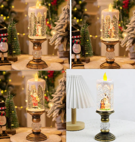 Charming Christmas candle scene layout with festive old man figure, panda pillow, and snowman candle