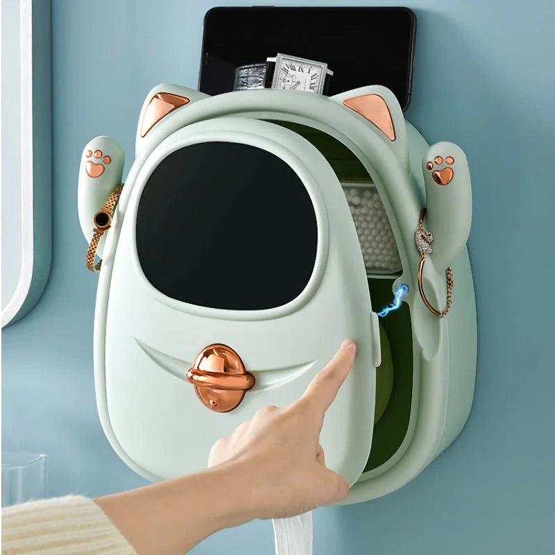 A white, cat-themed tissue box and bathroom organiser with storage compartments