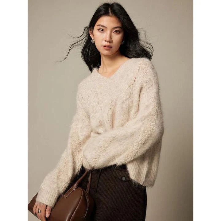 Cosy V-Neck Alpaca Blend Jumper in Cream White, featuring a relaxed fit and chic V-neck design for everyday comfort and style.