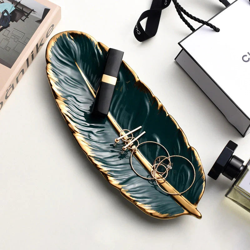 Elegant Nordic Ceramic Storage Tray in white with unique feather-inspired design and hand-painted patterns
