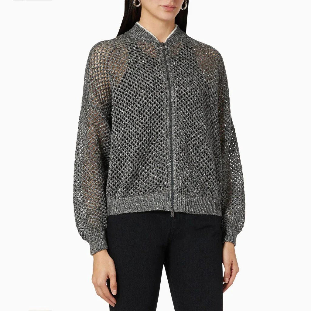 Elegant sequin-embellished linen blend knit top in dark grey colour, available in small, medium and large sizes