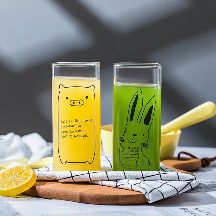 Charming glass drinking glasses with playful animal designs, including a pig, ideal for adding a touch of whimsy to UK homes