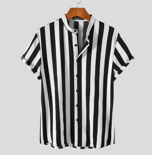 A stylish men's casual shirt with a stand collar and short sleeves, featuring a vibrant floral pattern and a slim-fit silhouette.