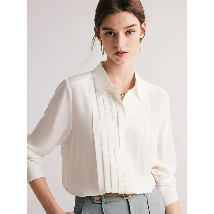 Elegant white mulberry silk office blouse with classic turn-down collar and straight, regular fit for a flattering silhouette